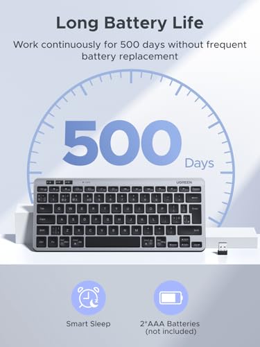 UGREEN Bluetooth Wireless Keyboard Multi Device Easy Switch Portable Mini Keyboard 500 Day Battery Silent Typing Ergonomic Keys QWERTY UK Layout BT5.3 2.4G