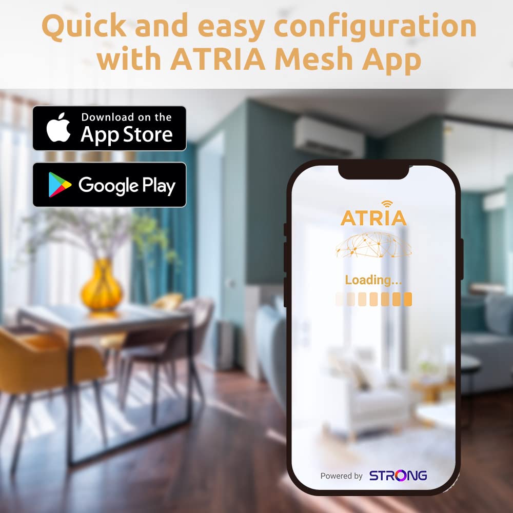 STRONG ATRIA AX3000 Mesh Wi-Fi 6 System, Coverage up to 3,600 300m2, Connects 254 Devices, 3 Gigabit Ports Node, 160 MHz Channels, App, 3 Pack