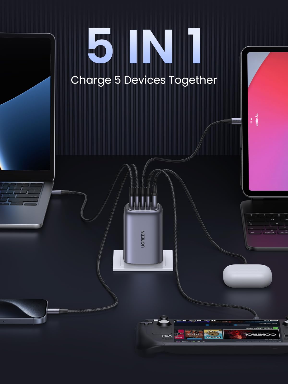 UGREEN USB C Charger 100W Plug Nexode 5 Port GaN Fast Charger Laptop Charger Adapter Compatible with MacBook iPad iPhone 16 15 Galaxy S24 S23 Pixel 9