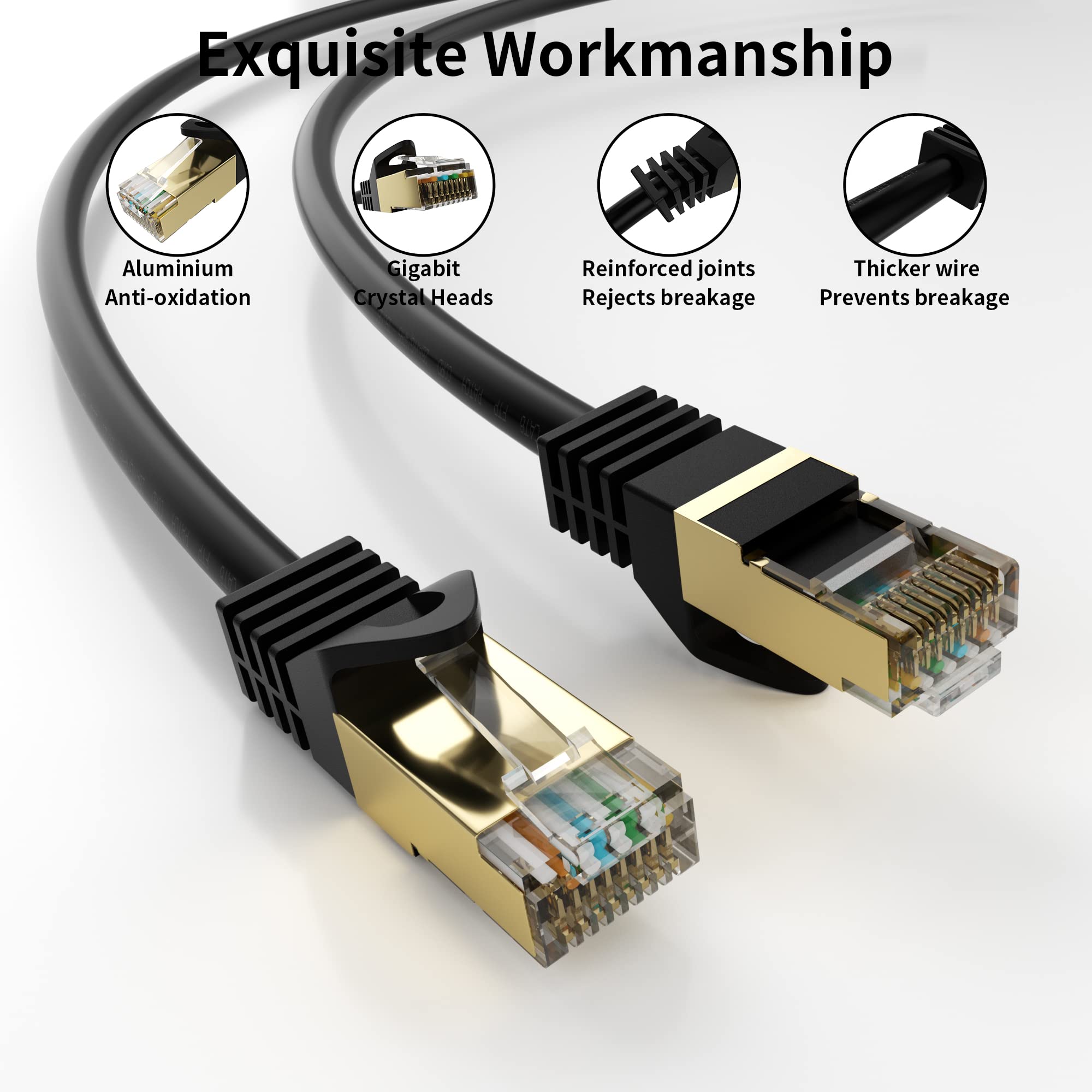 Cat 6 Ethernet Cable 15M/50 ft,FTP-550MHZ-Shielded CAT6 RJ45 Network LAN Waterproof Direct Burial Internet Cord 15M Round Black