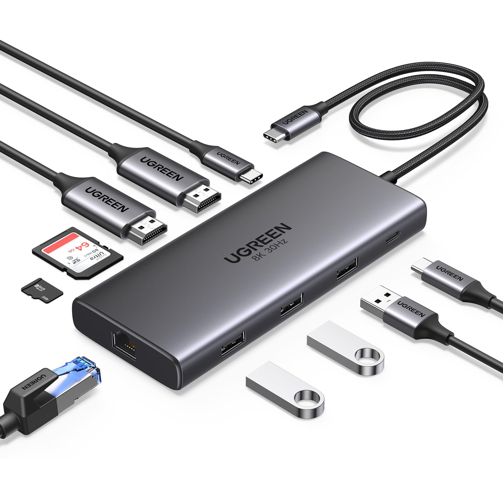UGREEN Docking Station Revodok Pro 210 USB C Hub 10 in 1 Dual 4K 60Hz Single 8K 30Hz Gigabit Ethernet 100W PD 4x 5Gbps USB Ports SD TF USB C Dock for Laptops