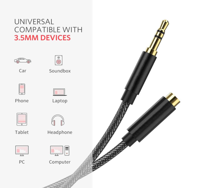 AUX 3.5 extension cable 1.5 metre. Plug to socket. Nylon Braid AUX Audio Cable extender. Black