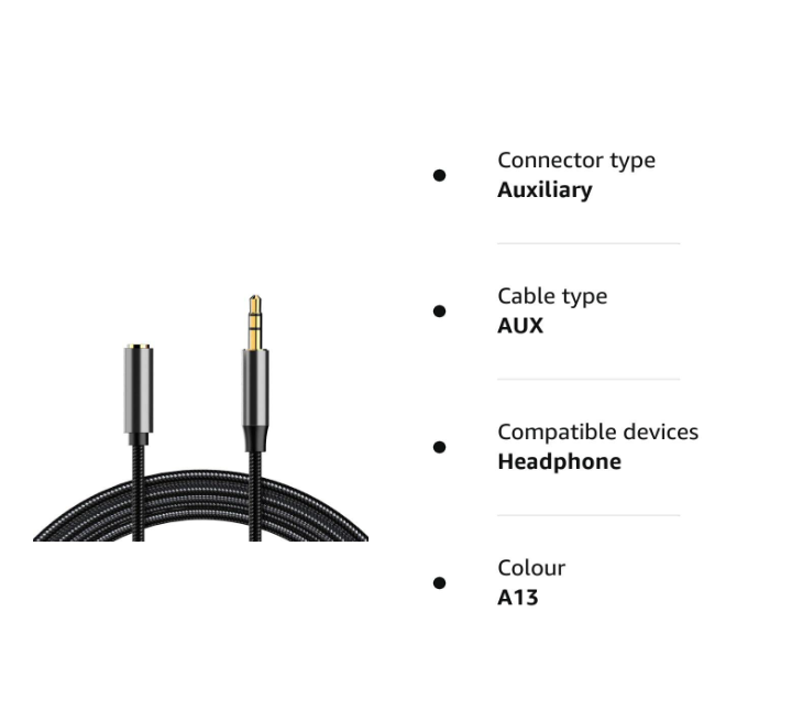 AUX 3.5 extension cable 1.5 metre. Plug to socket. Nylon Braid AUX Audio Cable extender. Black