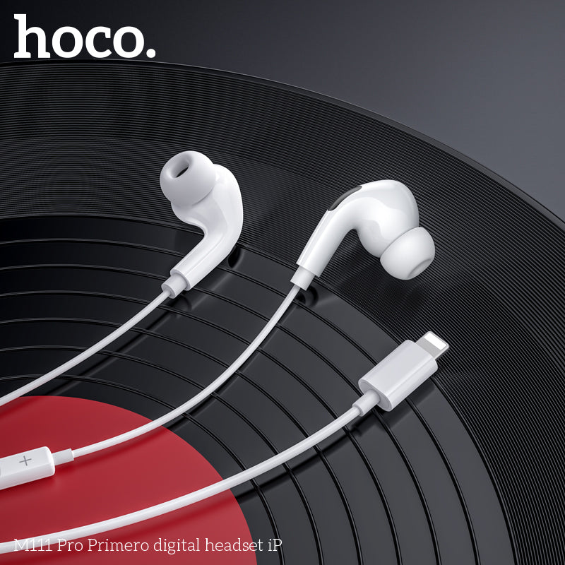 Earphones Pro for iPhone. Wired, In-ear, Mic, Volume and Call answer buttons. Compatible with iPhone 7 to 14. Plug and Play. Hoco M111 Pro. White