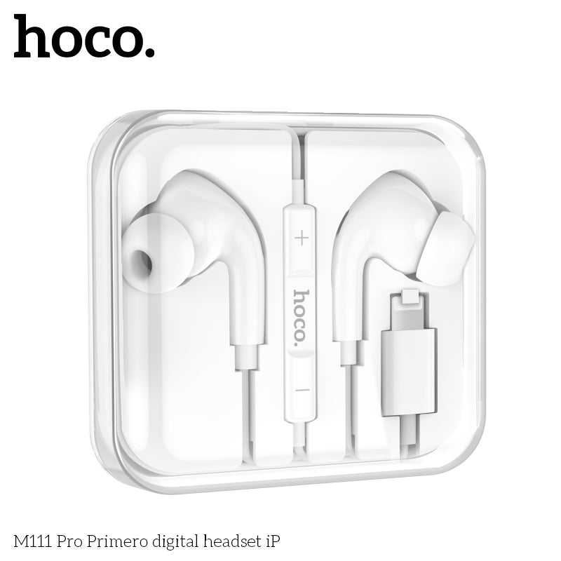 Earphones Pro for iPhone. Wired, In-ear, Mic, Volume and Call answer buttons. Compatible with iPhone 7 to 14. Plug and Play. Hoco M111 Pro. White