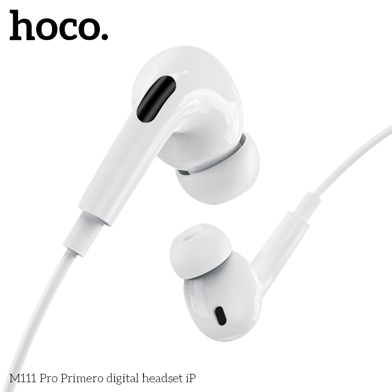 Earphones Pro for iPhone. Wired, In-ear, Mic, Volume and Call answer buttons. Compatible with iPhone 7 to 14. Plug and Play. Hoco M111 Pro. White