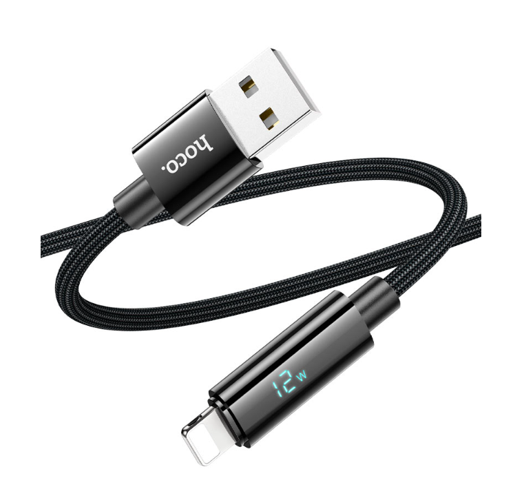 Hoco 1.2M USB-A to iPhone 5 to 14 braided cable. Fast charge. Data cable. U125 with Digital Display. Black