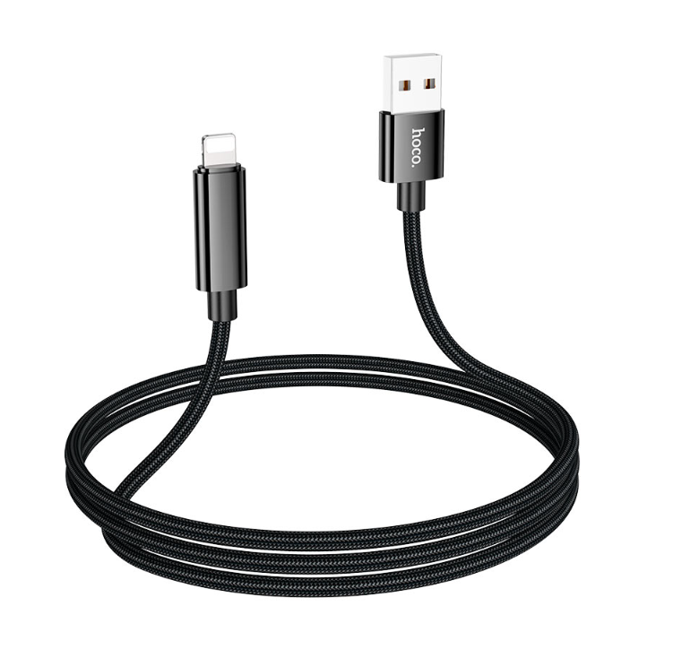 Hoco 1.2M USB-A to iPhone 5 to 14 braided cable. Fast charge. Data cable. U125 with Digital Display. Black