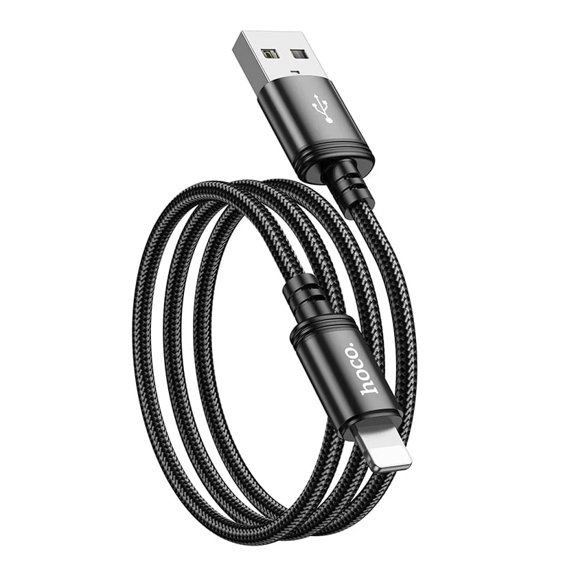 Hoco 2M 2.4A USB-A to iPhone braided cable. Fast charge and data transfer. For iPhone 5 to 14. X89. Black
