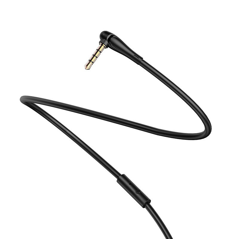 Hoco 3.5mm elbow Aux Audio cable 1m. Builtin Microphone. Call answer, play, pause, skip button. Phone, Headphones, PC, Car, Speaker, Amp. Black. UPA15