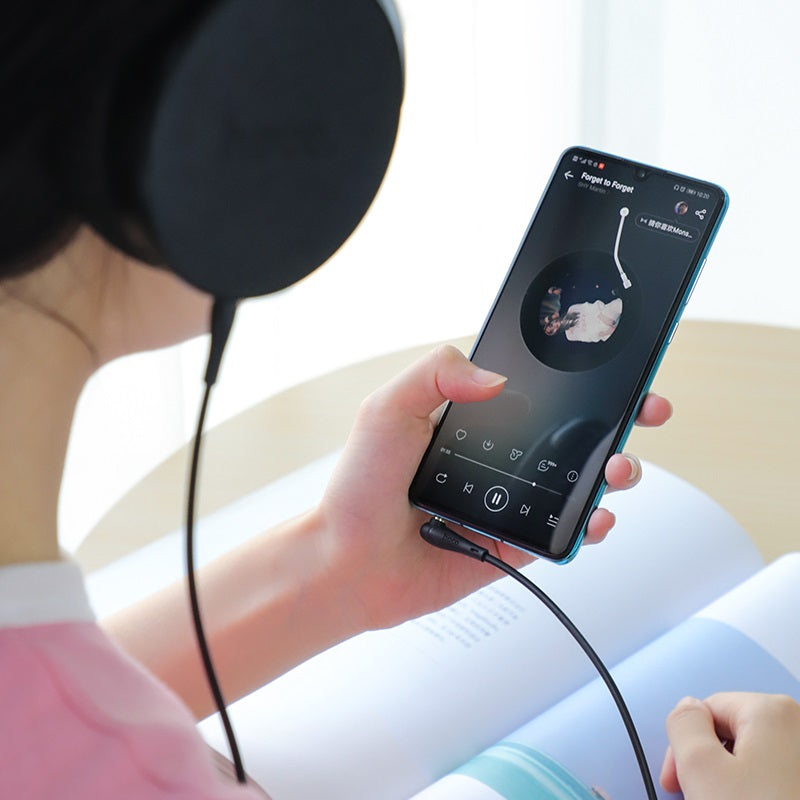 Hoco 3.5mm elbow Aux Audio cable 1m. Builtin Microphone. Call answer, play, pause, skip button. Phone, Headphones, PC, Car, Speaker, Amp. Black. UPA15
