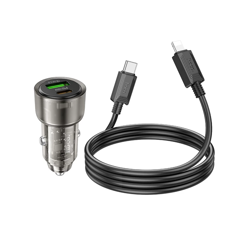 Hoco 38W Car Charger with Cable for iPhone 5 to 14, iPad (Pre 2019). Dual Port. 1x USB-C. 1 x USB-A. Car Charger PD20W + QC3.0. DC12-24V. Black. Z52
