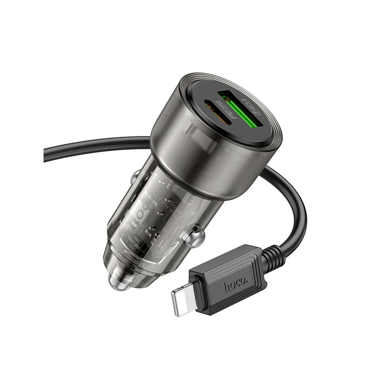 Hoco 38W Car Charger with Cable for iPhone 5 to 14, iPad (Pre 2019). Dual Port. 1x USB-C. 1 x USB-A. Car Charger PD20W + QC3.0. DC12-24V. Black. Z52