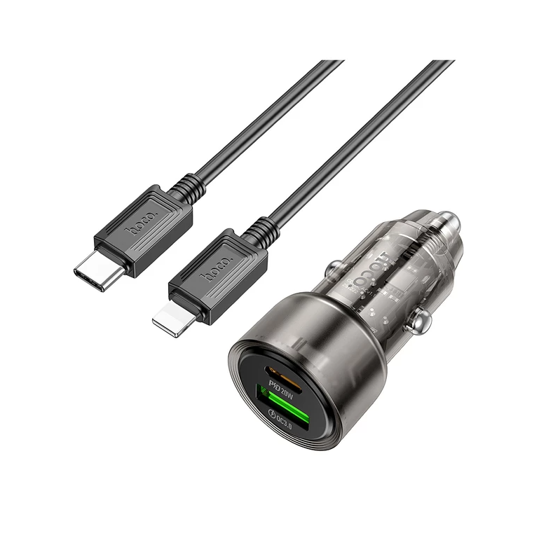 Hoco 38W Car Charger with Cable for iPhone 5 to 14, iPad (Pre 2019). Dual Port. 1x USB-C. 1 x USB-A. Car Charger PD20W + QC3.0. DC12-24V. Black. Z52