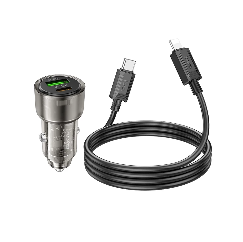 Hoco 38W Car Charger with Cable for iPhone 5 to 14, iPad (Pre 2019). Dual Port. 1x USB-C. 1 x USB-A. Car Charger PD20W + QC3.0. DC12-24V. Black. Z52