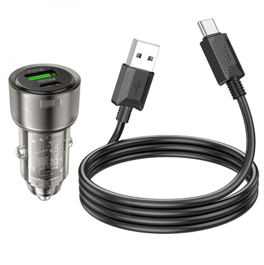 Hoco 38W Car Charger with USB-C Cable for Android, iPhone 15, iPad (2020+). Dual Port. 1x USB-C. 1 x USB-A. PD20W + QC3.0. DC12-24V. Black. Z52