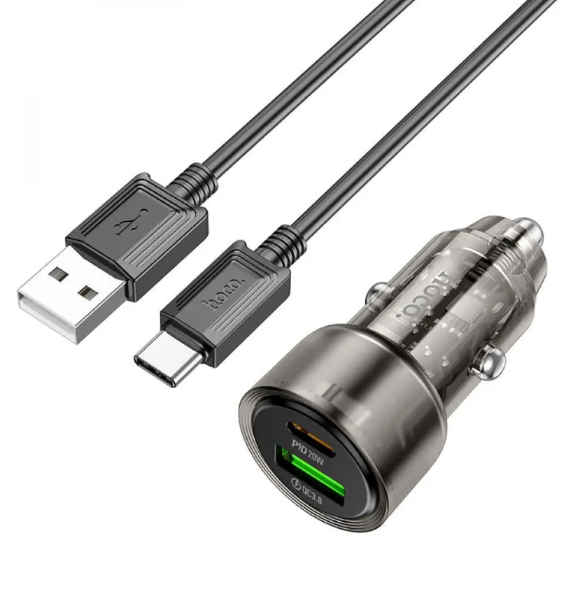 Hoco 38W Car Charger with USB-C Cable for Android, iPhone 15, iPad (2020+). Dual Port. 1x USB-C. 1 x USB-A. PD20W + QC3.0. DC12-24V. Black. Z52