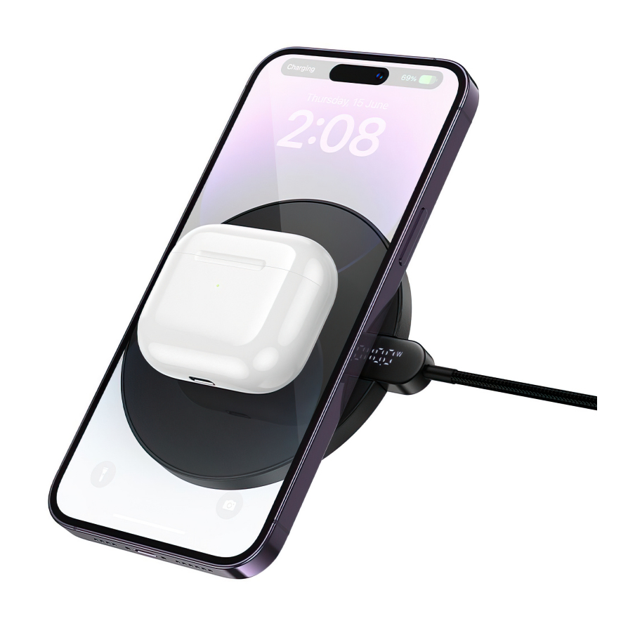 Hoco CW62 MagSafe Wireless Charger 15W Fast Charging Pad with LED Display – Black (USB-C, Aluminum, 1.2 m Cable, Qi Compatible)