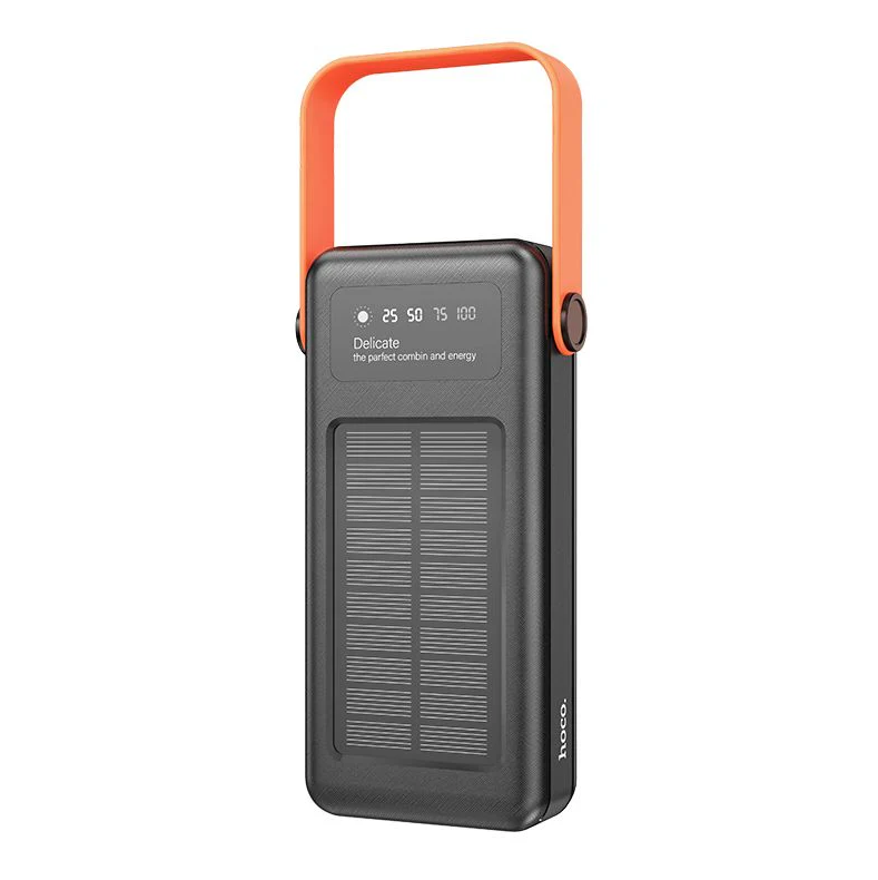 Hoco DB33 Plus 30000mAh Solar Power Bank with Built-In Cables, 22.5W Fast Charging & LED Flashlight – Black