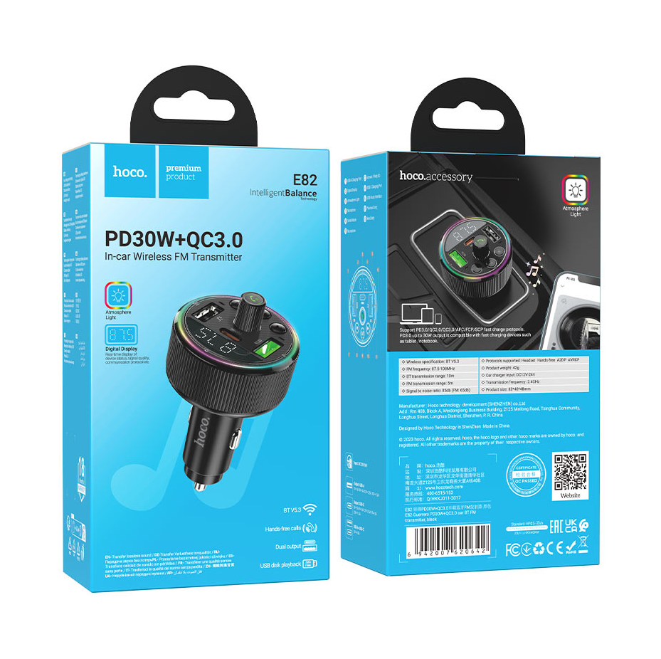 Hoco E82 Guerrero Car Charger 30W PD QC3.0 3-Port USB Bluetooth 5.3 FM Transmitter with RGB Light – Black