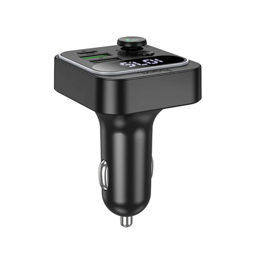 Hoco E85 Bluetooth 5.4 FM transmitter. DC12-24V. 38W. Handsfree calls, charger. USB C PD 20W. 2 USB A QC3. USB playback MP3 / WMA / WAV / FLAC in-car