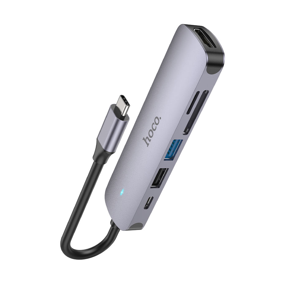Hoco HB28 6-in-1 USB-C Hub Adapter with HDMI 4K, USB3.0, USB2.0, SDTF Card Reader, 60W PD Charging – Metal Gray