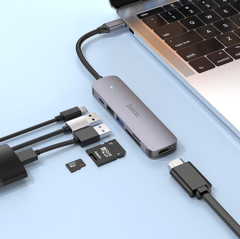 Hoco HB28 6-in-1 USB-C Hub Adapter with HDMI 4K, USB3.0, USB2.0, SDTF Card Reader, 60W PD Charging – Metal Gray
