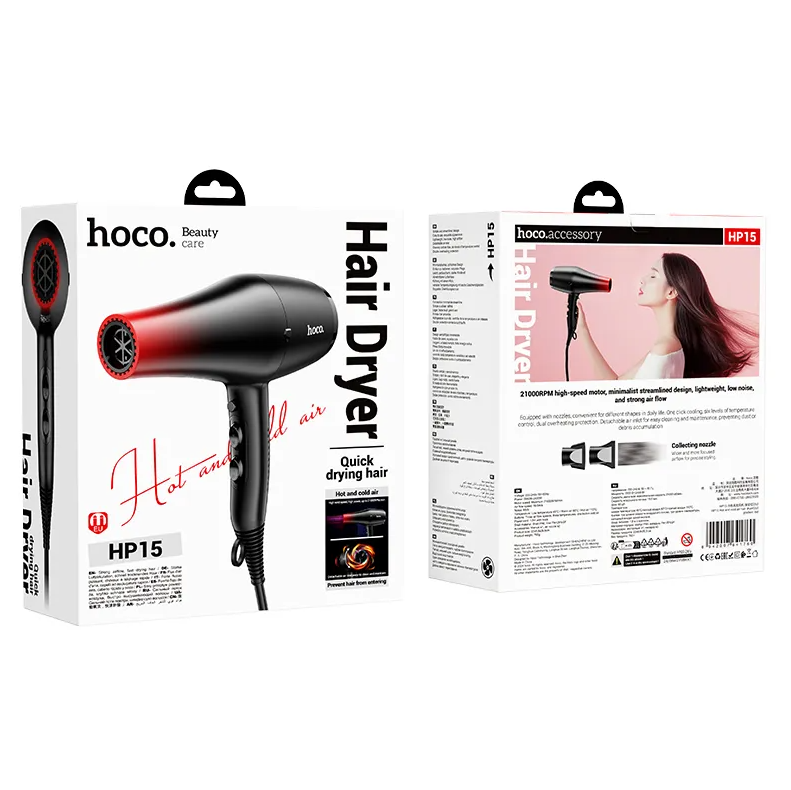 Hoco HP15 Professional Hot & Cold Air Hair Dryer – 2400W Powerful Motor, Lightweight & Fast Drying. Red & Black