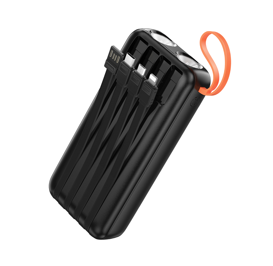 Hoco J151A Spirit 20000mAh Power Bank with 4 Built-in Cables, Dual LED Light, Fast Charging, Digital Display – Black