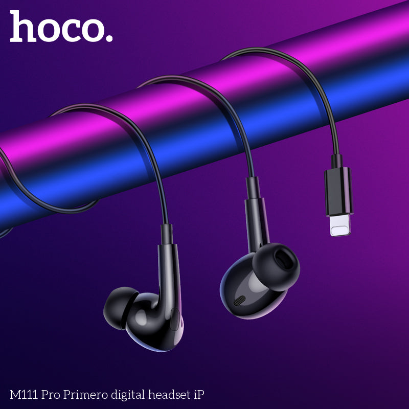 Earphones Pro for iPhone. Wired, In-ear, Mic, Volume and Call answer buttons. Compatible with iPhone 7 to 14. Plug and Play. Hoco M111 Pro. Black.