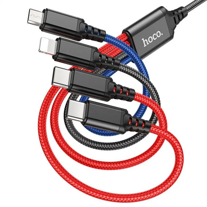 Hoco Super 4in1 USB Cable: Connect 4 Devices Simultaneously, 1m, Fast Charging, Durable Design, USB to 2x USB-C, 1x Micro USB, 1x iPhone 5 to 14. X76