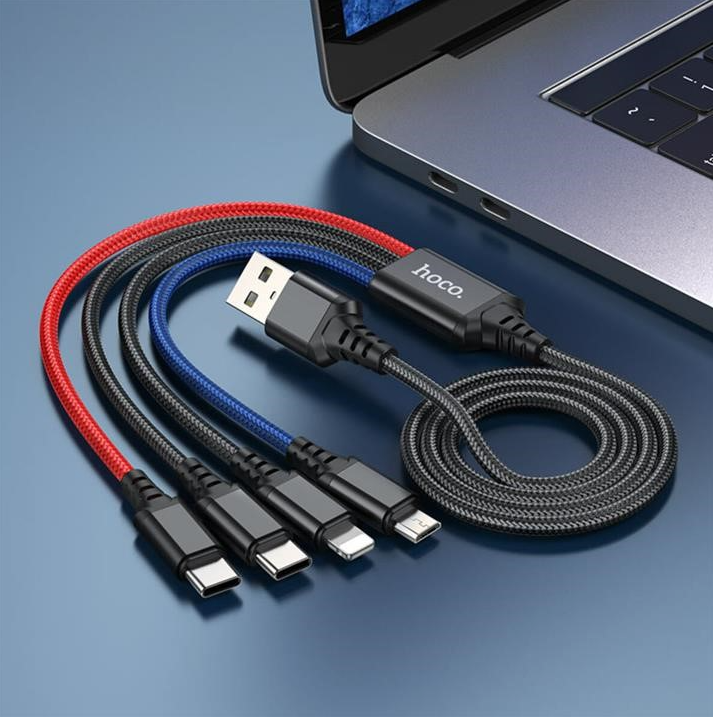 Hoco Super 4in1 USB Cable: Connect 4 Devices Simultaneously, 1m, Fast Charging, Durable Design, USB to 2x USB-C, 1x Micro USB, 1x iPhone 5 to 14. X76