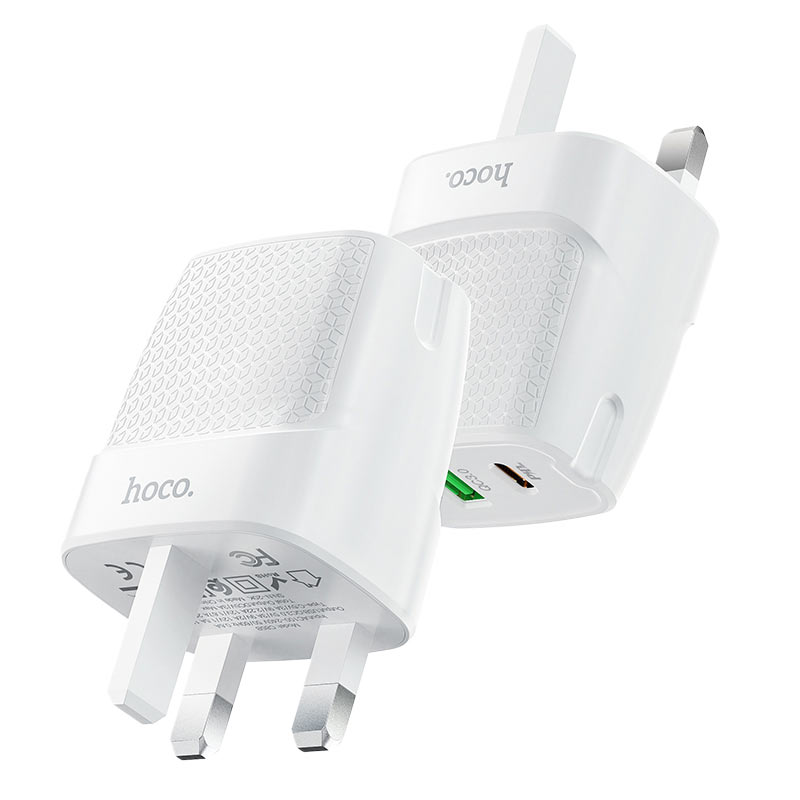 Hoco USB Charger with Dual USB-C & USB ports for Android, iPhone, iPad. 20W PD+QC3.0 Fast Charge 5V/3A. White. C85B.