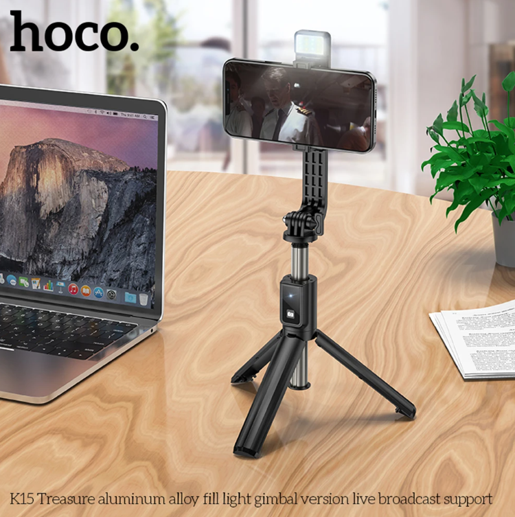 Hoco Wireless 85cm Selfie Stick. Fill, Flash light. 360. Supports Gimbal. Tripod Monopod. Bluetooth Remote Shutter. For iPhone, Android, GoPro. K15