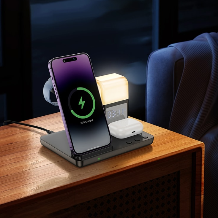 Hoco Wireless Charging Desktop stand with lamp. For phone, watch, earbuds. 15W. Black. CQ9