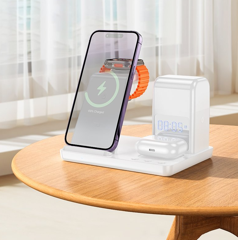 Hoco Wireless Charging Desktop stand with lamp. For phone, watch, earbuds. 15W. White. CQ9