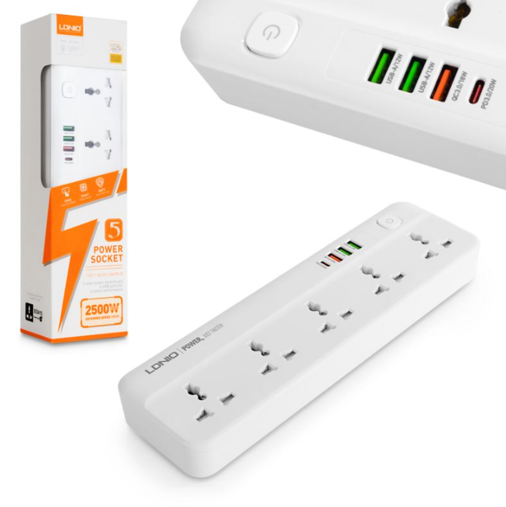 LDNIO 2M Universal Power Strip Extension lead. 4 USB Ports. Switch. 2500W. USB PD/QC3 20W. UK/IE Plug to 5 AC sockets for UK/IE,EU,US & Asia plugs