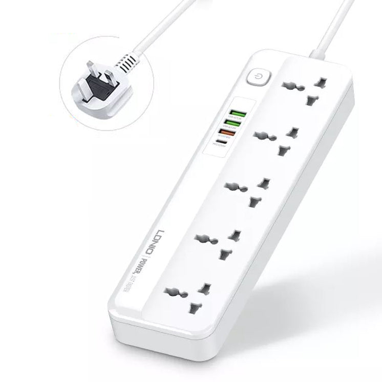 LDNIO 2M Universal Power Strip Extension lead. 4 USB Ports. Switch. 2500W. USB PD/QC3 20W. UK/IE Plug to 5 AC sockets for UK/IE,EU,US & Asia plugs