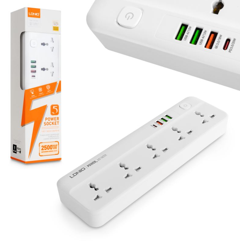 LDNIO 2M Universal Power Strip Extension lead. 4 USB Ports. Switch. 2500W. USB PD/QC3 20W. UK/IE Plug to 5 AC sockets for UK/IE,EU,US & Asia plugs