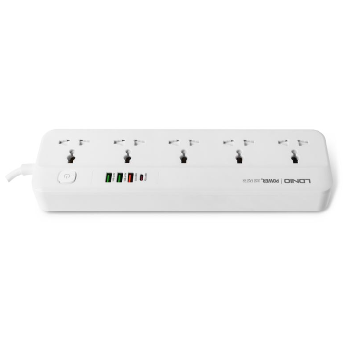 LDNIO 2M Universal Power Strip Extension lead. 4 USB Ports. Switch. 2500W. USB PD/QC3 20W. UK/IE Plug to 5 AC sockets for UK/IE,EU,US & Asia plugs