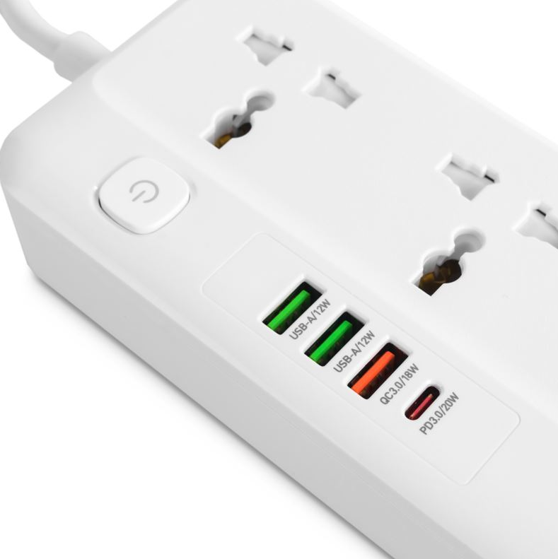 LDNIO 2M Universal Power Strip Extension lead. 4 USB Ports. Switch. 2500W. USB PD/QC3 20W. UK/IE Plug to 5 AC sockets for UK/IE,EU,US & Asia plugs