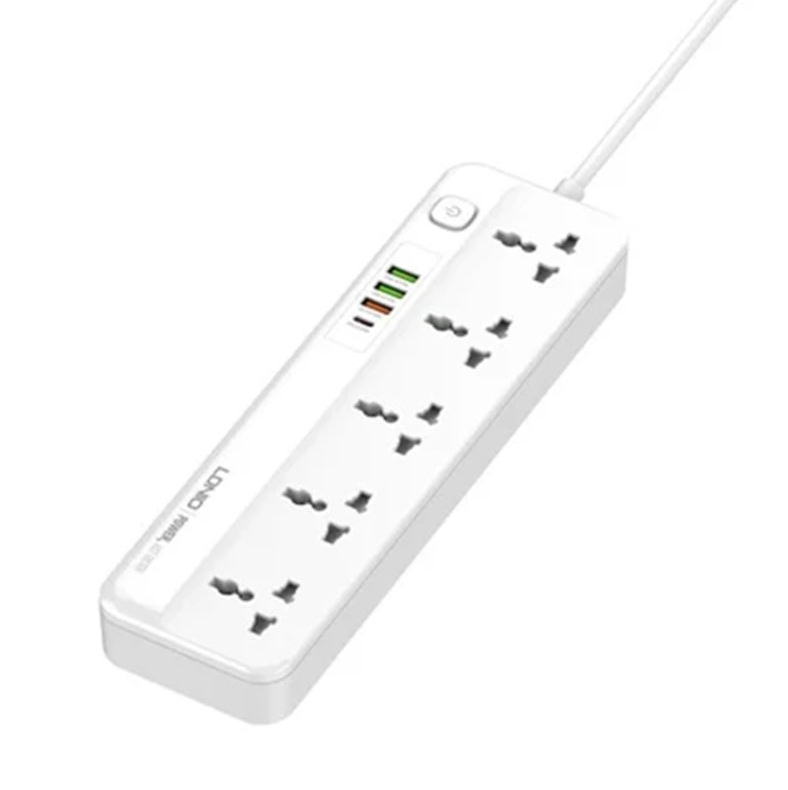 LDNIO 2M Universal Power Strip Extension lead. 4 USB Ports. Switch. 2500W. USB PD/QC3 20W. UK/IE Plug to 5 AC sockets for UK/IE,EU,US & Asia plugs
