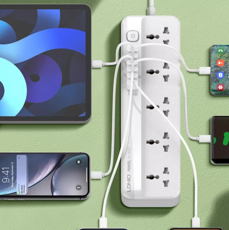 LDNIO 2M Universal Power Strip Extension lead. 4 USB Ports. Switch. 2500W. USB PD/QC3 20W. UK/IE Plug to 5 AC sockets for UK/IE,EU,US & Asia plugs