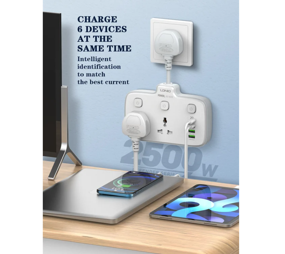 Ldnio SC2413 short Extension Cord IE UK Worldwide Plug 3 USB 1 USB-C ports PD QC3 Power Strip Wire Power Socket Laptop android ipad iphone Fast Charge