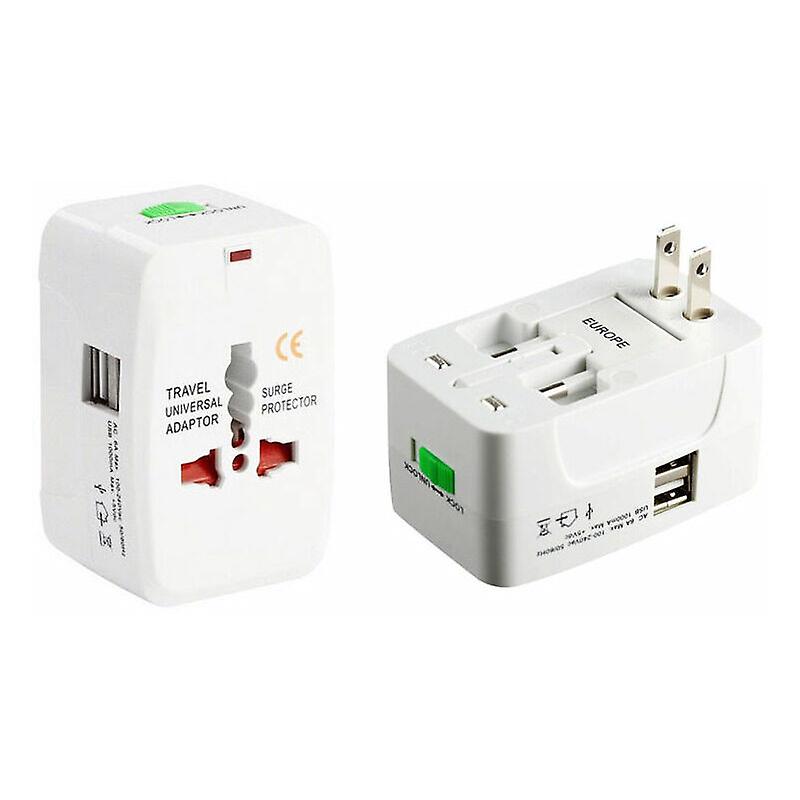 Travel adapter plug surge protection dual USB ports universal IE / UK / EU / US / AU / NZ / Asia wall plug converter. Pack of 1