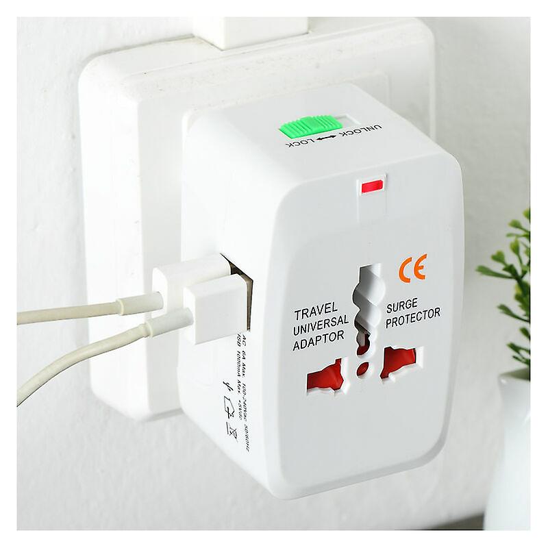 Travel adapter plug surge protection dual USB ports universal IE / UK / EU / US / AU / NZ / Asia wall plug converter. Pack of 1