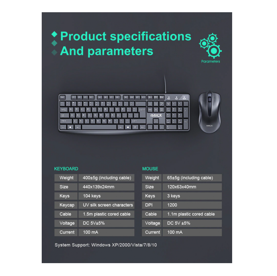 iMICE KM-520 Waterproof Wired Keyboard and Mouse Combo, USB, 104 Keys, 1200 DPI, Ergonomic Design, Durable & Spill-Resistant