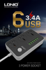 LDNIO 2m power strip. Ireland, UK, US, Asia, AU. 3 Power sockets. 6 USB max 3.4a with Auto identify. Anti static power socket and Extension lead.