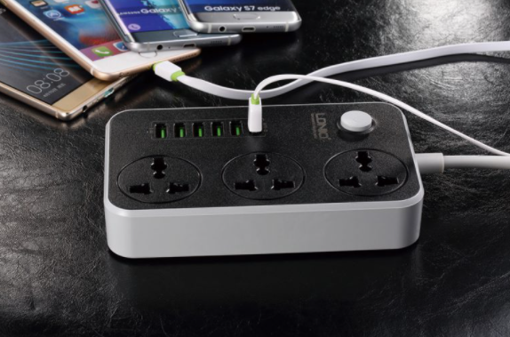 LDNIO 2m power strip. Ireland, UK, US, Asia, AU. 3 Power sockets. 6 USB max 3.4a with Auto identify. Anti static power socket and Extension lead.