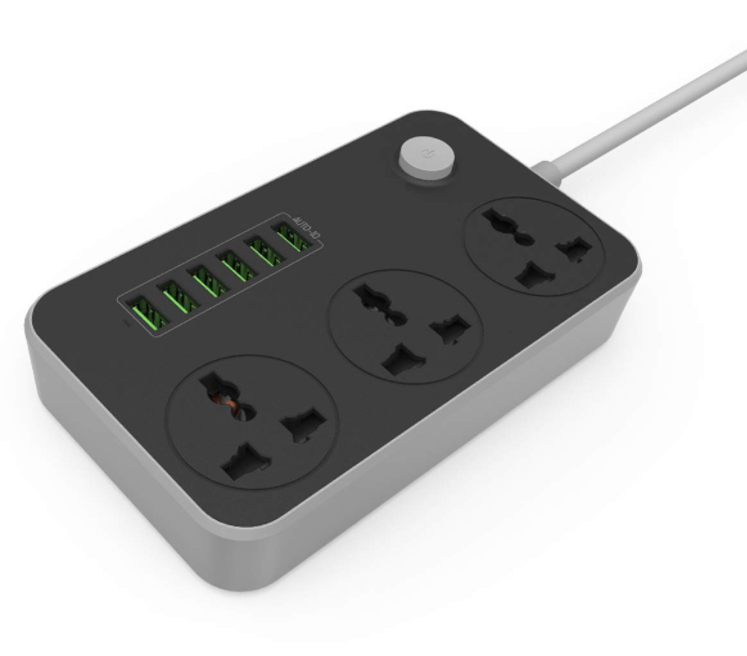 LDNIO 2m power strip. Ireland, UK, US, Asia, AU. 3 Power sockets. 6 USB max 3.4a with Auto identify. Anti static power socket and Extension lead.